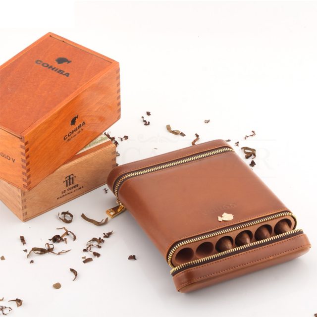 COHIBA Cedar Wood Travel Humidor Cigar Leather Case Portable 6 Tubes W/ Cigar Humidifier Cigar Humidor Box Outdoor
