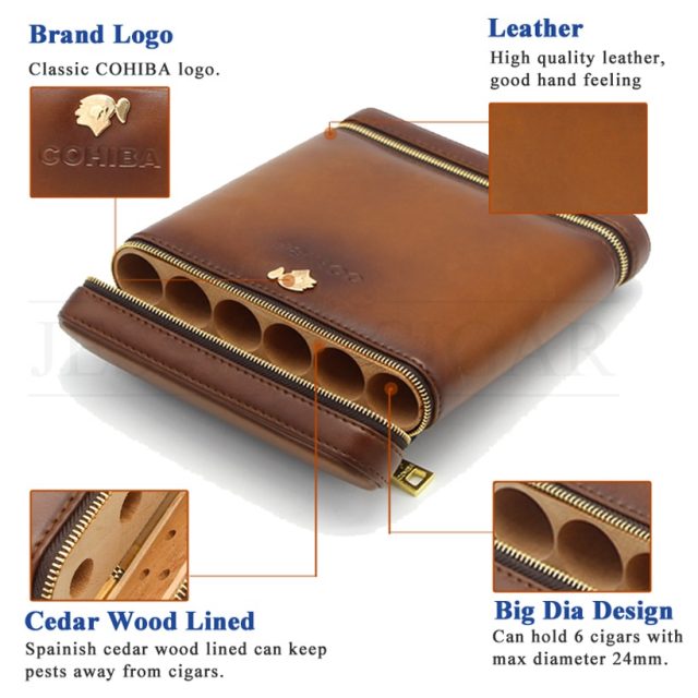 COHIBA Cedar Wood Travel Humidor Cigar Leather Case Portable 6 Tubes W/ Cigar Humidifier Cigar Humidor Box Outdoor
