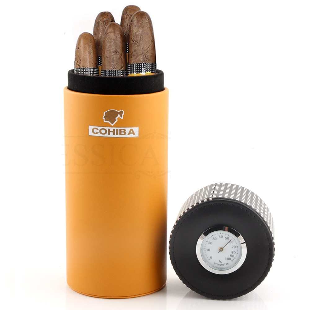 Leather Travel Humidor Cigar Jar W/Humidifier Hygrometer