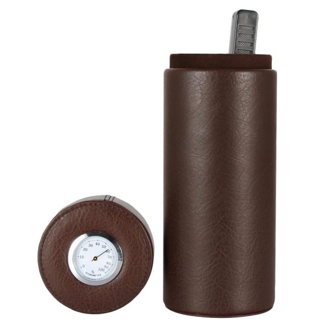 Leather Travel Humidor Cigar Jar W/Humidifier Hygrometer